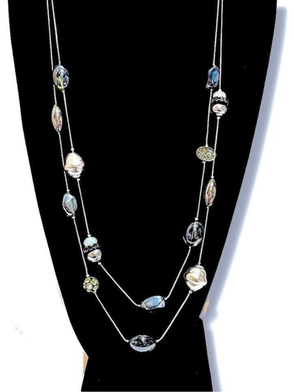 CHICO’S Blue/Gray Iridescent Stone Station Day-to-Night Layered Necklace | NWT